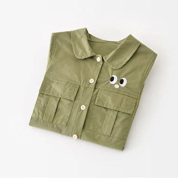 Chic Charm green baby overall with pockets and eye details – soft 100% cotton, hooded, snap button closure, perfect for babies and toddlers.”