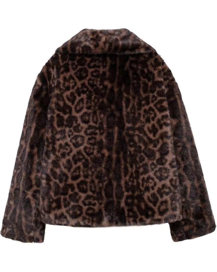 European and American Style Winter New Fashion Versatile Lapel Leopard Print Faux Fur Coat.