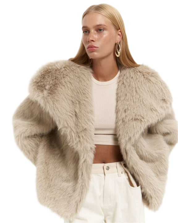 Beige winter jacket with faux fur collar for stylish warmth.