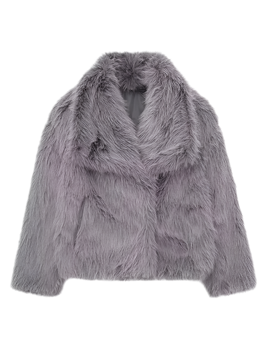 Fashionable gray winter jacket with faux fur collar displayed outdoors.