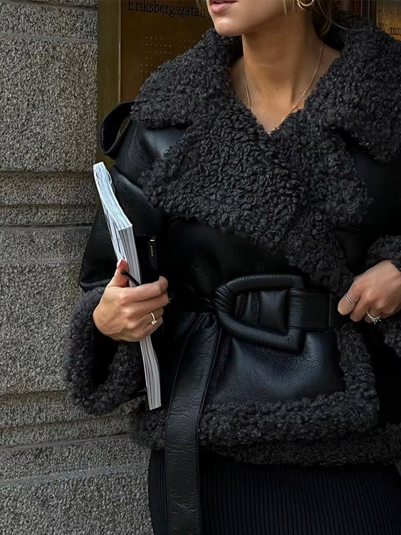 Women Winter Black Lamb Woolen Thick Short Jacket Elegant Lapel Long Sleeves Belt Coats 2024 New Fashion Ladies Warm Outerwear