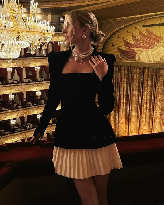 Opulent Opera Night Dress - Elegant mini dress with square collar and pleated details, perfect for upscale occasions like the opera or fine dining.