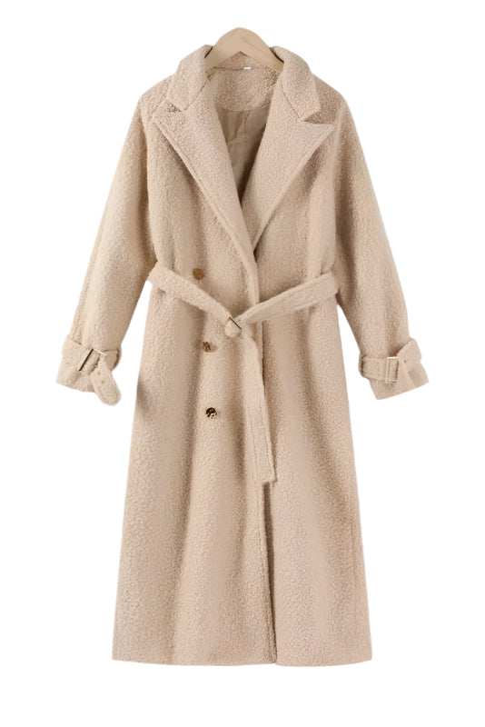 Double-breasted wool coat measuring 38 inches in length, perfect for a stylish layered look.