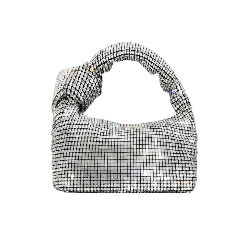 Exclusive Handbag with Reflective Metal Squares featuring a soft flap design and diamond decoration.