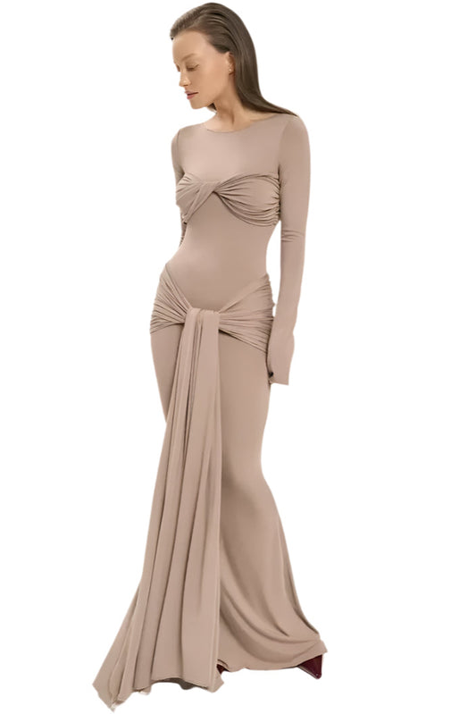 Elegant ruched long bodycon dress for women with fashion twist splice, perfect for club parties and birthdays.