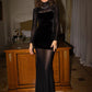 Sheer Mesh Sleeve Sexy Maxi Dress for Women Black Velvet Patchwork Turtlneck Bodycon Club Sexy Long Dress Elegant.