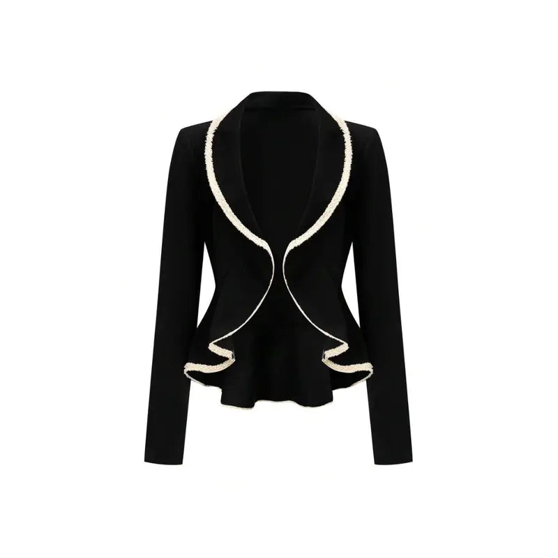 Chic Laura black long sleeve top with V-neck, ruffle accents, and contrast cuffs – elegant and feminine.