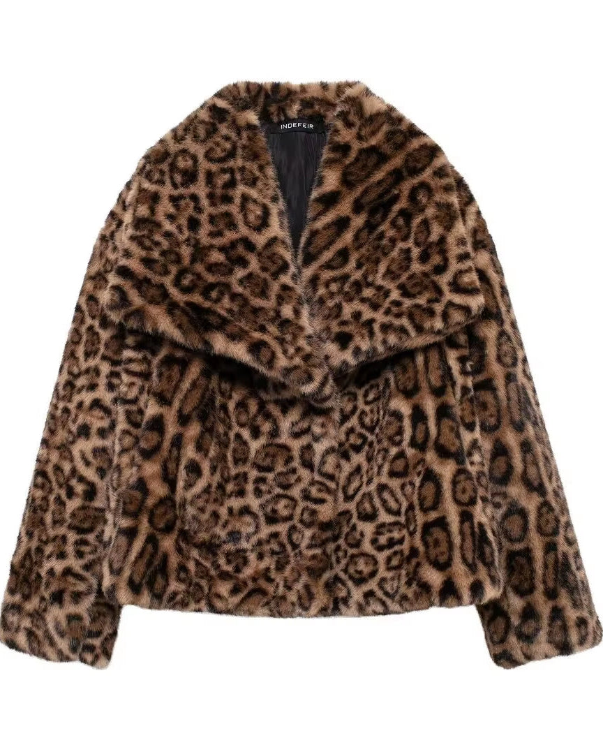 European and American Style Winter New Fashion Versatile Lapel Leopard Print Faux Fur Coat