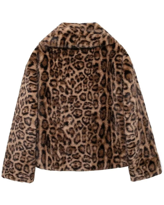 European and American Style Winter New Fashion Versatile Lapel Leopard Print Faux Fur Coat.