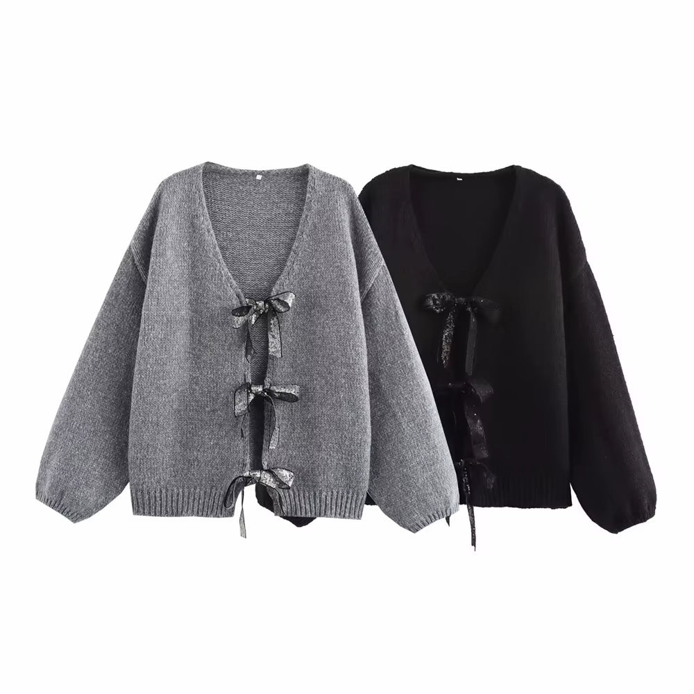 Loose Knit Sweater Cardigan with Pailletten-Bow for Stylish Outfits.