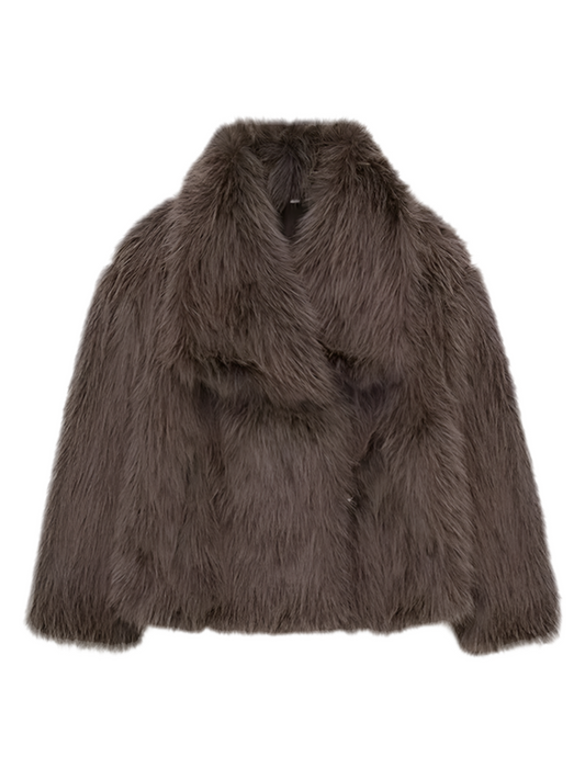 Fashionable gray winter jacket with faux fur collar displayed outdoors.