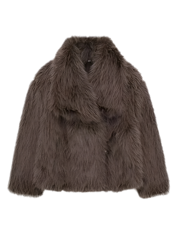 Fashionable gray winter jacket with faux fur collar displayed outdoors.