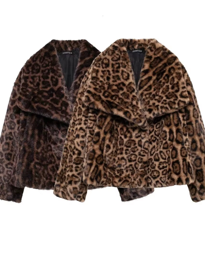 European and American Style Winter New Fashion Versatile Lapel Leopard Print Faux Fur Coat.