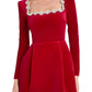 Velvet Square Collar Beading Long Sleeve Dress Women High Waist Slim A-Line Party Dresses Lady.