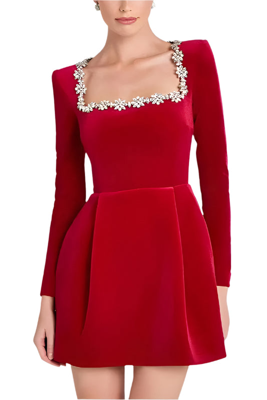 Velvet Square Collar Beading Long Sleeve Dress Women High Waist Slim A-Line Party Dresses Lady.