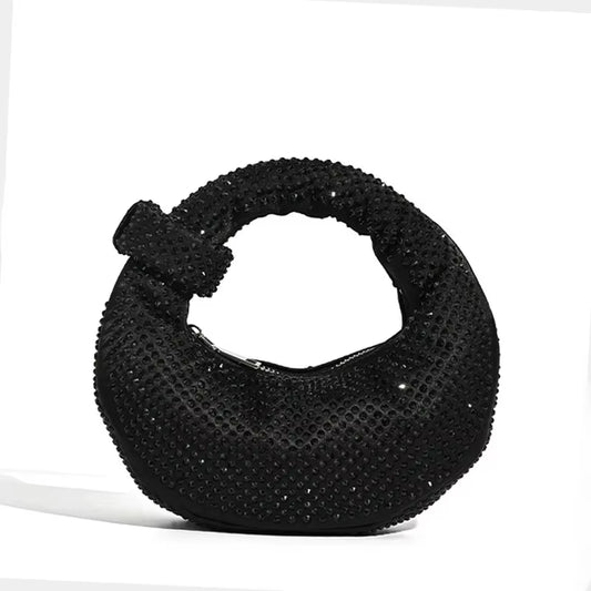 Elegant women's acrylic diamond crescent bag with pearl clutch for banquets, sequined crossbody handbag.