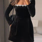 Velvet Square Collar Beading Long Sleeve Dress Women High Waist Slim A-Line Party Dresses.