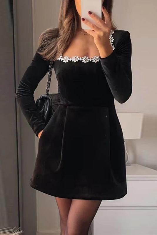 Velvet Square Collar Beading Long Sleeve Dress Women High Waist Slim A-Line Party Dresses.