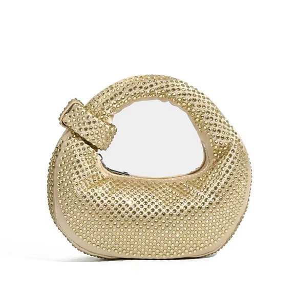 Elegant women's acrylic diamond crescent bag with pearl clutch for banquets, sequined crossbody handbag.