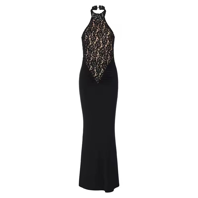 La Diva elegant long lace halter dress for women black evening gown with open back slim fit and timeless glamour style