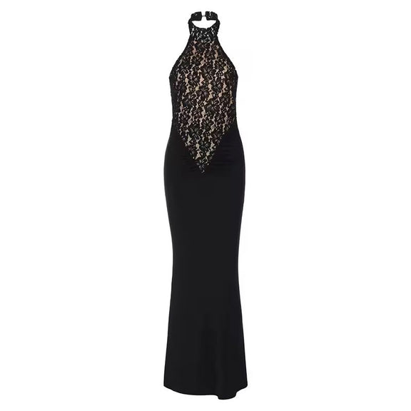 La Diva elegant long lace halter dress for women black evening gown with open back slim fit and timeless glamour style