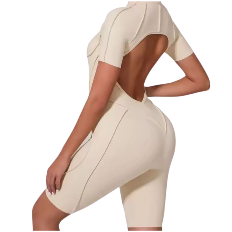 Sand beige yoga romper – NIKI POWERFORM shaping jumpsuit for women, with zipper, built-in bra pads, and short legs