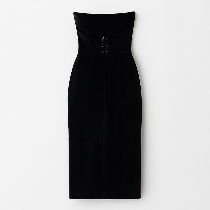 Black velvet strapless dress for women – Amora Rouge elegant evening dress with draped waist and subtle slit