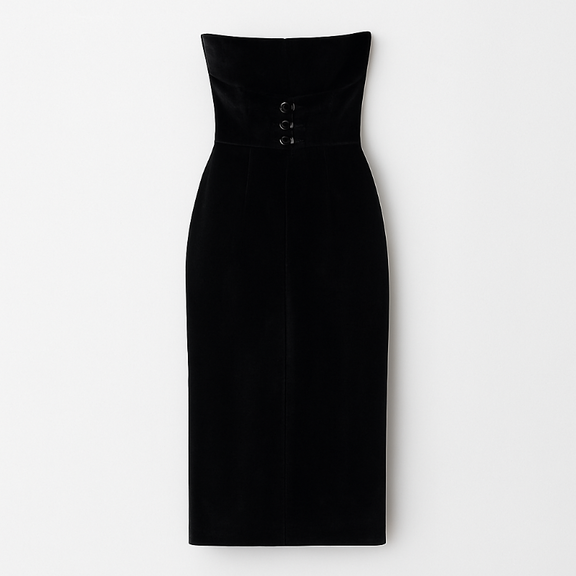 Black velvet strapless dress for women – Amora Rouge elegant evening dress with draped waist and subtle slit