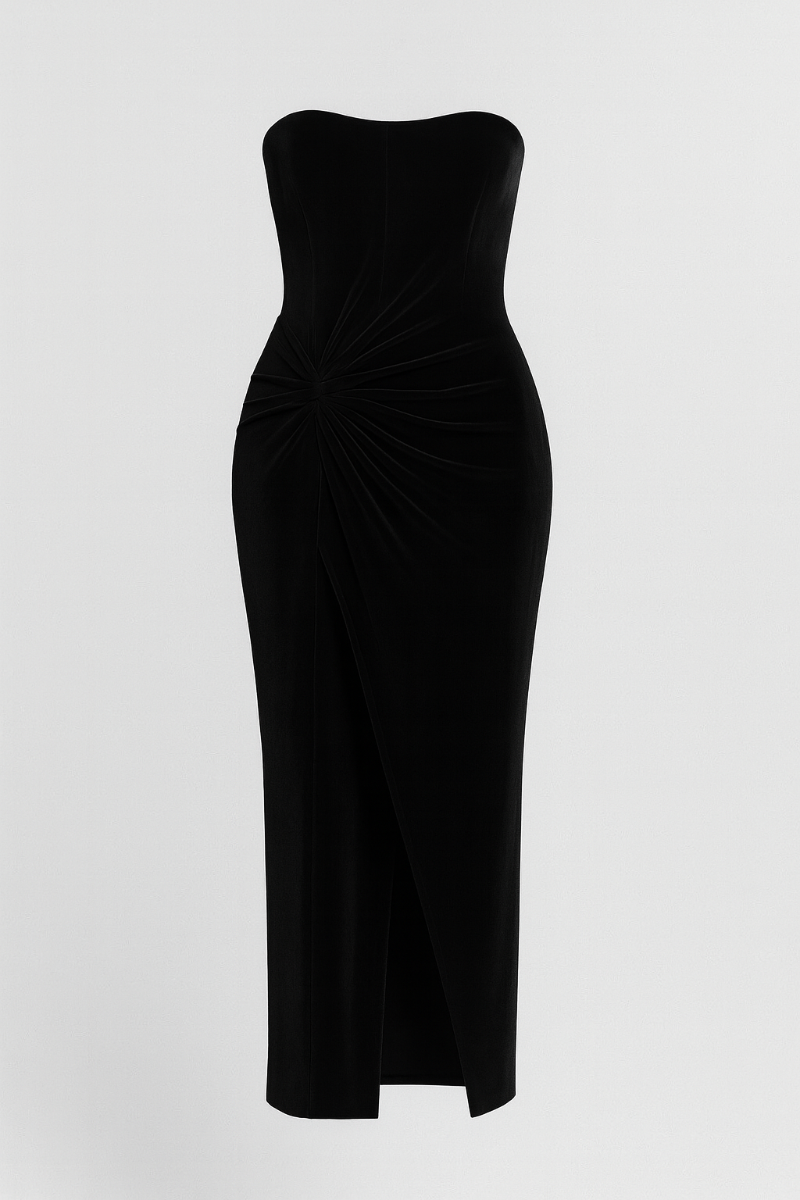 Black velvet strapless dress for women – Amora Rouge elegant evening dress with draped waist and subtle slit