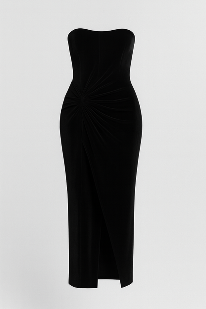 Black velvet strapless dress for women – Amora Rouge elegant evening dress with draped waist and subtle slit