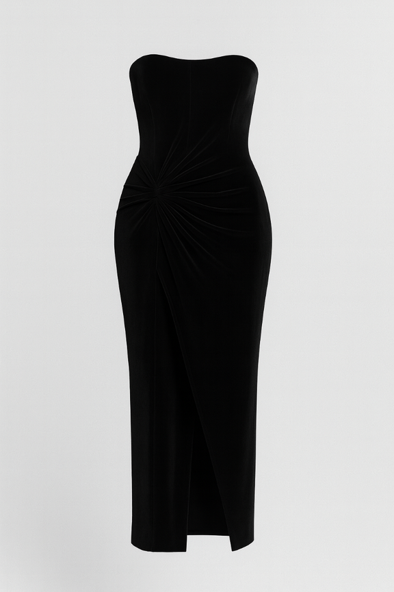 Black velvet strapless dress for women – Amora Rouge elegant evening dress with draped waist and subtle slit