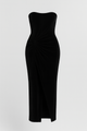 Black velvet strapless dress for women – Amora Rouge elegant evening dress with draped waist and subtle slit
