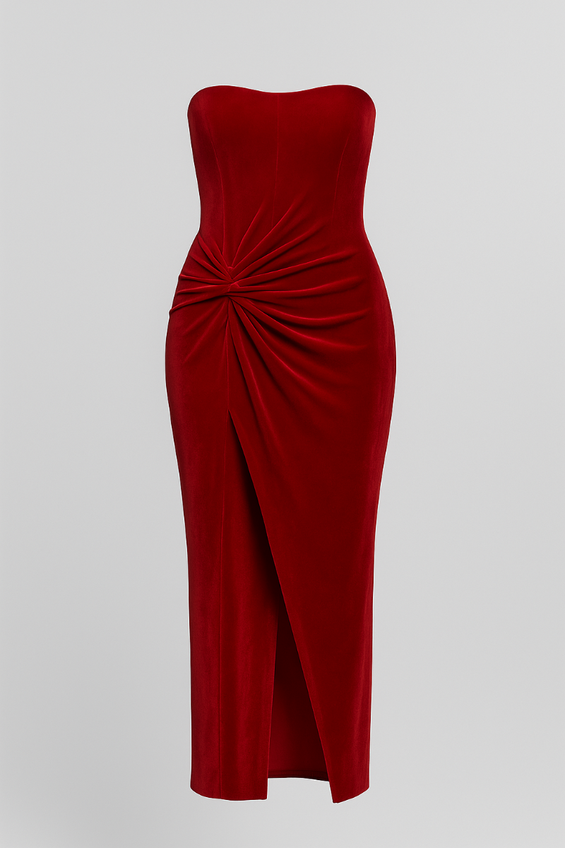 Elegant red velvet strapless dress for women – Amora Rouge luxury evening gown with waist knot detail and side slit