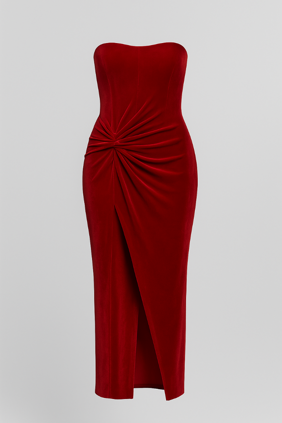 Elegant red velvet strapless dress for women – Amora Rouge luxury evening gown with waist knot detail and side slit