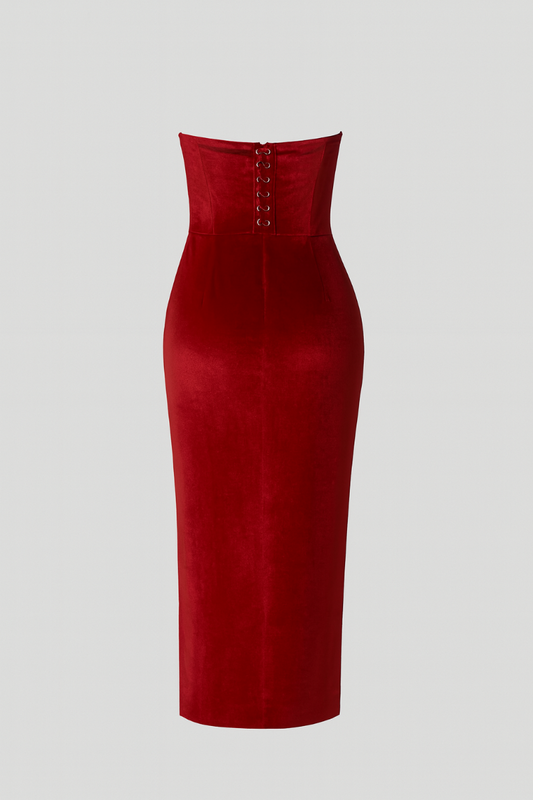 Elegant red velvet strapless dress for women – Amora Rouge luxury evening gown with waist knot detail and side slit