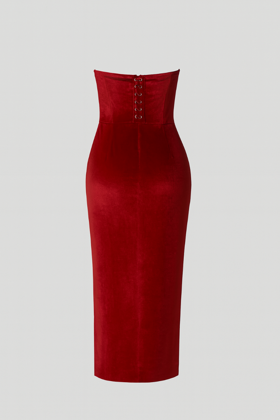 Elegant red velvet strapless dress for women – Amora Rouge luxury evening gown with waist knot detail and side slit