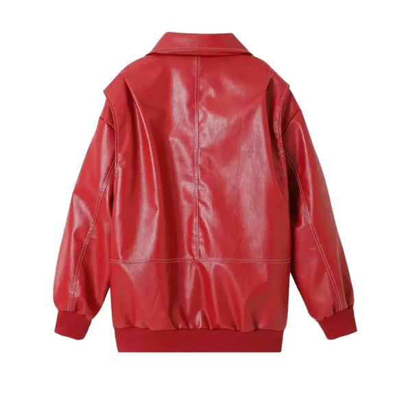 Amoure Leather Jacket for Women in Red, Stylish PU leather with Front Zipper, Collar, and Side Pockets.