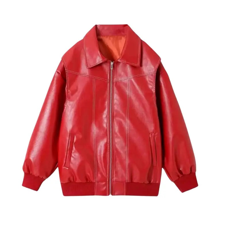 Amoure Leather Jacket for Women in Red, Stylish PU leather with Front Zipper, Collar, and Side Pockets.