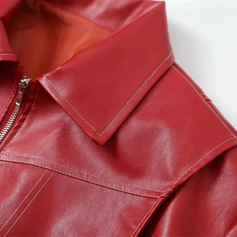 Amoure Leather Jacket for Women in Red, Stylish PU leather with Front Zipper, Collar, and Side Pockets. London Style