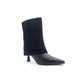 Stylish black ankle boots with quilted design, pointed toe, chunky block heel, and side zipper for easy wear.