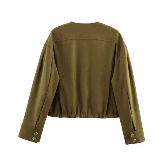 Women’s bomber jacket khaki – O-neck button closure with horn button detail
