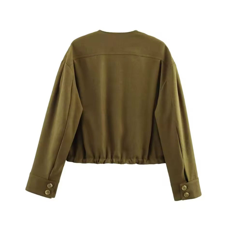 Women’s bomber jacket khaki – O-neck button closure with horn button detail

