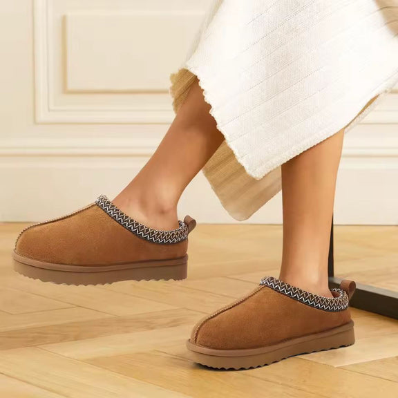 Aria brown suede winter slippers for women, cozy fur lined, anti-slip sole, ankle height Zara style house slippers
