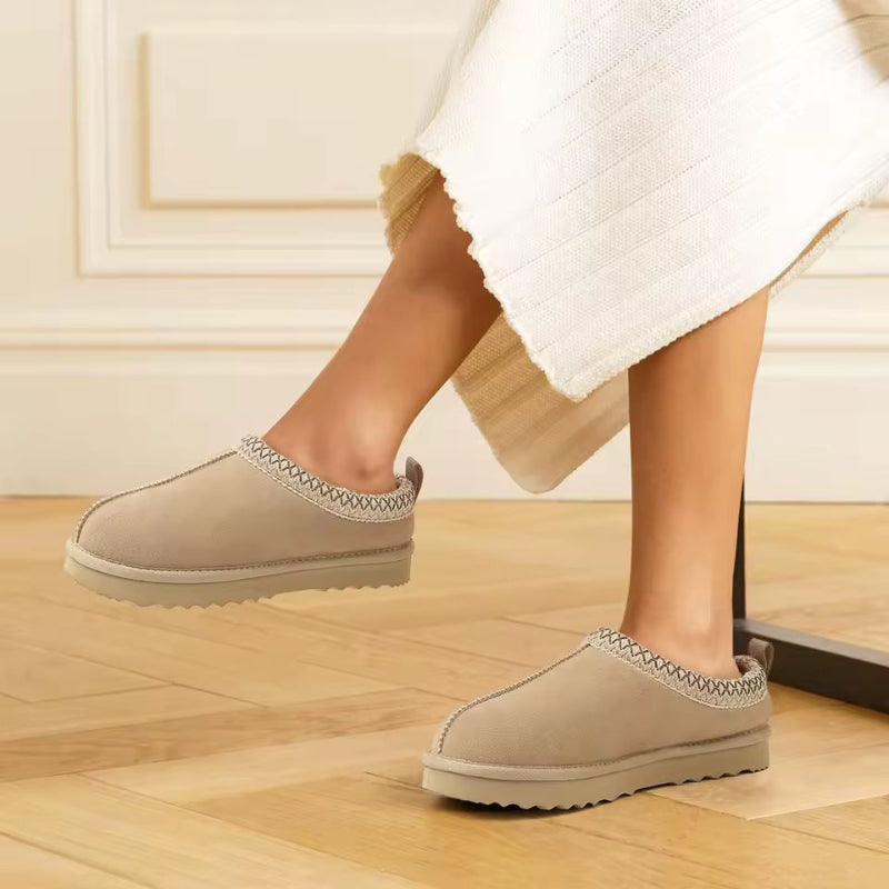 Side view Aria suede women’s winter slippers, rounded toe, warm fur lining, anti-slip sole, ankle high Zara inspired design
