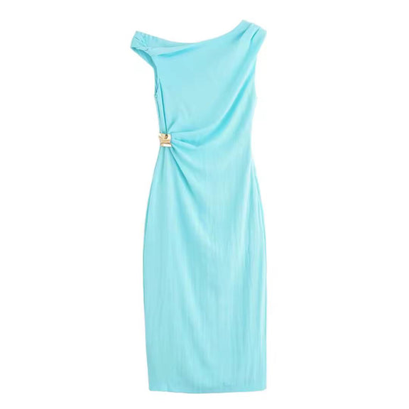 Asymmetric linen midi dress for women in turquoise with gold knot detail, sleeveless, elegant summer dress, ankle length, 2025 fashion trend