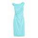 Asymmetric linen midi dress for women in turquoise with gold knot detail, sleeveless, elegant summer dress, ankle length, 2025 fashion trend