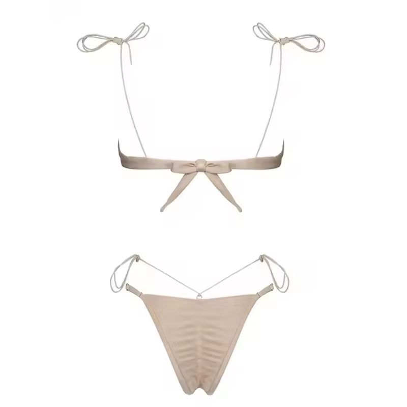 Sexy micro bikini with 3D floral embroidery, push-up cups, underwire, and low-rise side ties.
