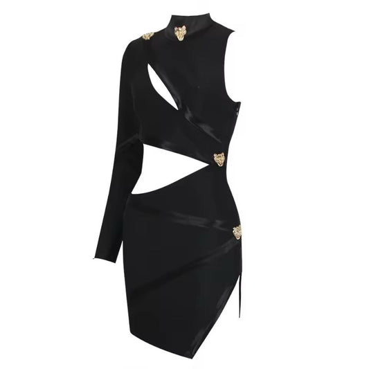Model wearing The AURA One-Shoulder Cut-Out Mini Dress in black — asymmetric high-neck mini dress with gold accents, bodycon fit, and elegant cut-out design, perfect for evening parties and luxury fashion looks.
