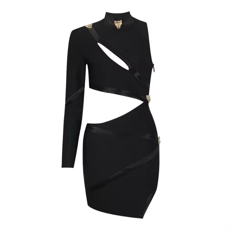 Model wearing The AURA One-Shoulder Cut-Out Mini Dress in black — asymmetric high-neck mini dress with gold accents, bodycon fit, and elegant cut-out design, perfect for evening parties and luxury fashion looks.
