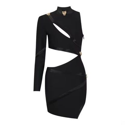 Model wearing The AURA One-Shoulder Cut-Out Mini Dress in black — asymmetric high-neck mini dress with gold accents, bodycon fit, and elegant cut-out design, perfect for evening parties and luxury fashion looks.
